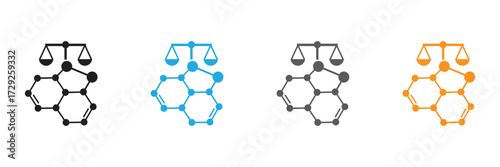Visually striking icons merge molecular science with legal balance, perfect for representing research ethics, scientific integrity, and legal proceedings.
