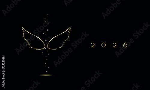 New Year and Christmas Luxury Card Golden Angel's Wings Falling Glitter and Circle of Light on the Black Background