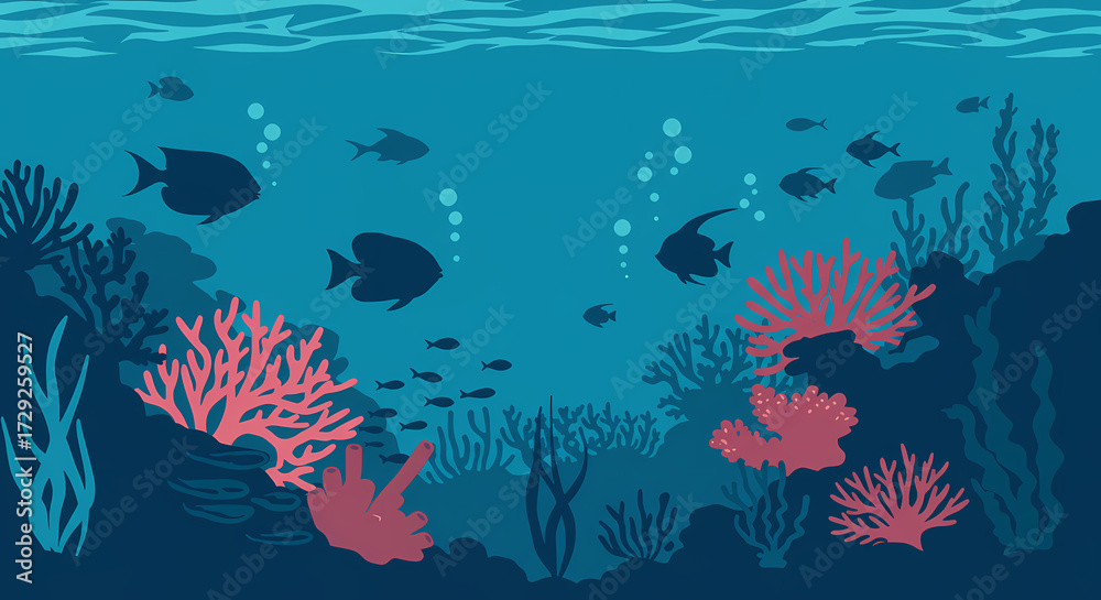 Fototapeta Deep Ocean Coral Reef Scene with Fish Silhouettes Vector Illustration