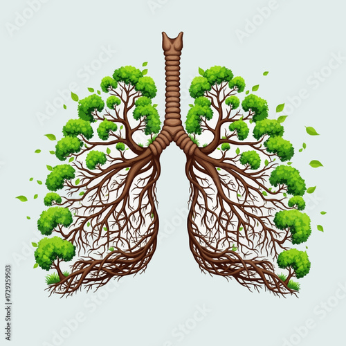 Metaphorical illustration of tree branches and lush green leaves forming the shape of human lungs, symbolizing clean air, life, and respiratory health