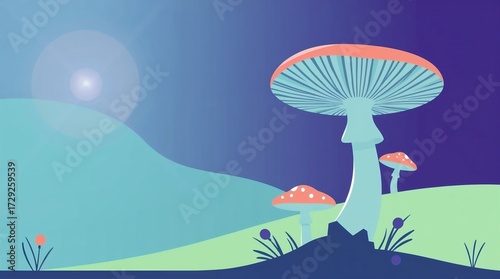 Colorful mushrooms in vibrant landscape with surreal atmosphere under glowing sunlight. Cartoonish mushrooms feature distinct shapes and colors amidst rolling hills in whimsical scene.