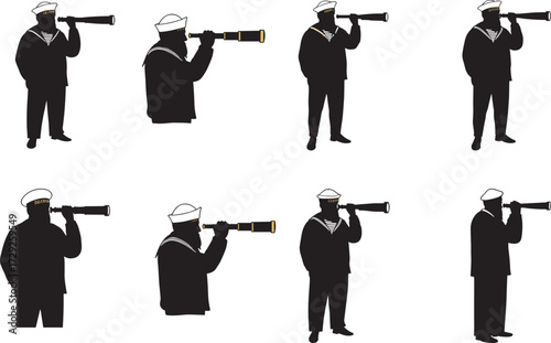 Sailor character holding telescope in various poses, nautical uniform, maritime exploration concept, cartoon style, isolated vector illustration for animation and design