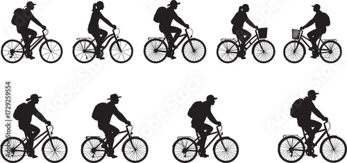 Cyclist silhouette in motion, backpack rider on various bicycle styles, vector illustration showing posture differences, urban commuting, sports and transportation concept