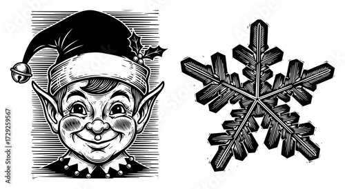 Christmas Elf and Snowflake in a Vintage Engraved Style