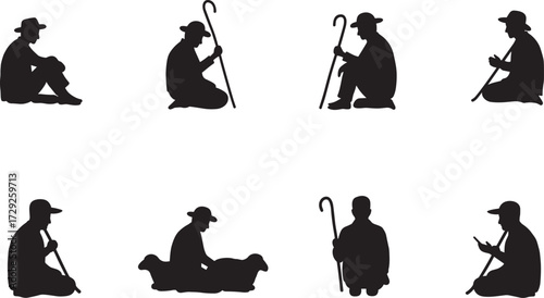Shepherd silhouette sitting with staff, rural life poses, traditional pastoral scene, animal interaction, countryside vector illustration for farming, nature, and folklore themes