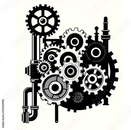 Steampunk Mechanism: Intricate gear mechanism illustration, showcasing mechanical engineering design in striking black and white, symbolizing industry and innovation.