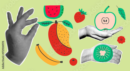 Contemporary art collage with fruits. Retro styled dotted hands holding apple and kiwi slices, banana, mango, watermelon, strawberry. 