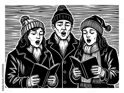 Christmas Carol Singers in a Retro Woodcut Style