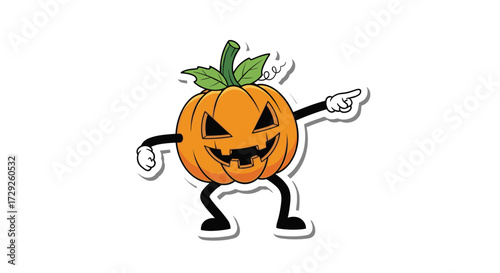 A spooky dancing pumpkin character with a carved face and outstretched arms and legs suggesting movement.