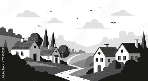 A serene grayscale landscape featuring charming houses and rolling hills.