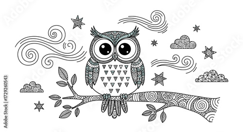 An ornate owl perched on a decorative branch under a starry night sky.