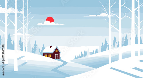 A cozy cabin nestled in a serene snow-covered landscape under a bright winter sun.
