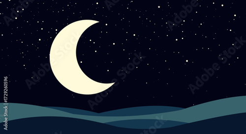 A serene crescent moon shines brightly in the dark night sky above gentle rolling waves.