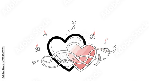 Two hearts intertwined with ribbon and musical notes symbolizing love romance and passion.