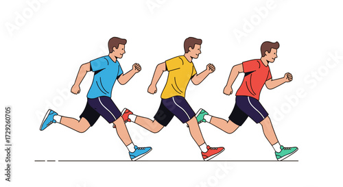 Three diverse runners in athletic shorts and t-shirts participate in a race.