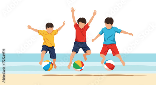 Three happy young boys joyfully jumping with colorful beach balls on a sunny sandy shore.