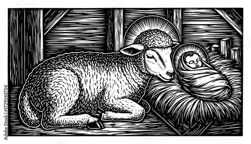 Nativity Scene with Baby Jesus and a Lamb in a Woodcut Style