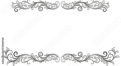 Elegant ornamental flourishes adorn the top and bottom of a white background creating a decorative frame.