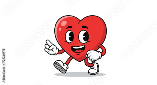 A happy cartoon heart character with arms and legs is walking and pointing its finger.