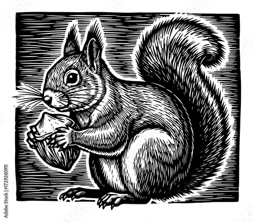 Squirrel with a Nut in a Vintage Woodcut Style