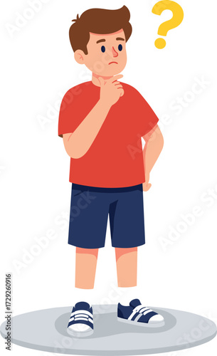 Cartoon boy confused, thoughtful child illustration, kid scratching chin, problem solving expression, puzzled thinking character, decision making concept, doubt, question mark
