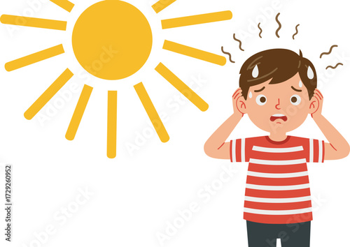 Cartoon boy suffering heatstroke, summer sun illustration, hot weather child sweating, heat exhaustion vector, climate change, global warming awareness design