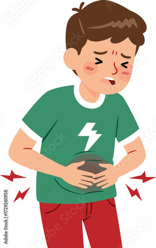 Cartoon boy stomach ache, abdominal pain illustration, sick child holding belly, digestive problem, food poisoning, healthcare concept, unhappy boy vector