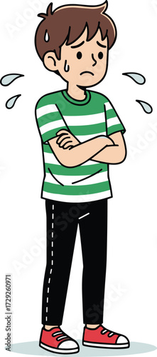 Cartoon boy sweating, child feeling hot, tired kid illustration, heat stress, uncomfortable boy, summer heat, exhausted child, overheating, dehydration, health risk