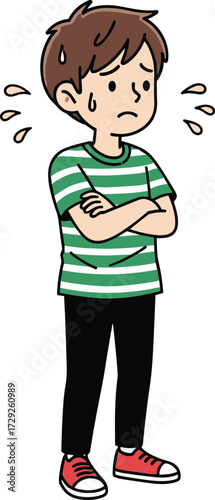 Cartoon boy sweating, child feeling hot, tired boy illustration, summer heat stress, exhausted child, overheating risk, uncomfortable kid, health problem, dehydration