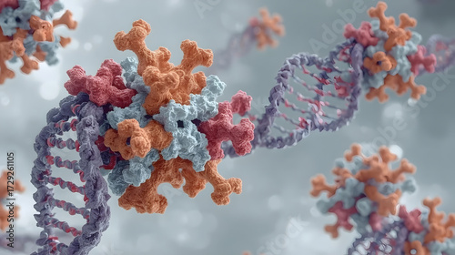 Molecular Visualization of Virus Interactions with DNA Representing Genetic Mutation and Viral Replication Processes 3D Rendering on white background