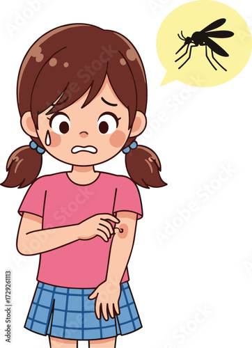 Cartoon girl mosquito bite, child scratching itchy skin, insect bite allergy reaction, worried kid illustration, mosquito disease prevention, health, summer problem