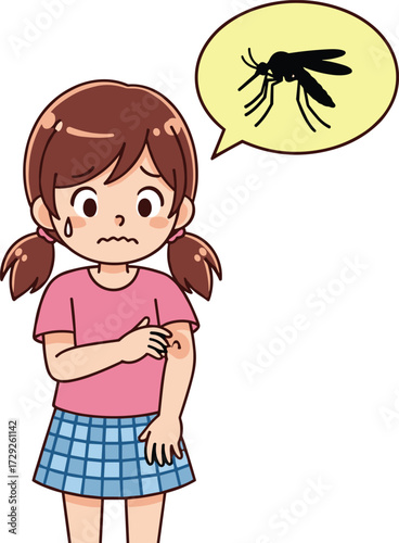 Cartoon girl mosquito bite, child scratching itchy skin, insect bite allergy reaction, worried kid illustration, mosquito disease prevention, bug bite, health problem
