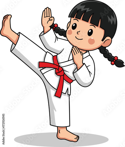 Cartoon girl practicing karate kick, martial arts illustration, child training in karate uniform with red belt, sports, fitness, discipline, self-defense