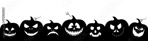 Halloween pumpkin seamless banner. Spooky squash lanterns silhouettes, scary jack-o-lanterns halloween flat vector background illustration. Halloween holiday party endless poster