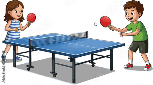 Cartoon kids playing table tennis, boy and girl ping pong match, children sport activity, fun indoor game, competition, vector illustration