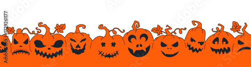 Halloween pumpkin seamless banner. Spooky squash lanterns silhouettes, scary jack-o-lanterns halloween flat vector background illustration. Halloween holiday party endless poster