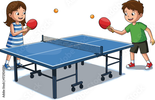 Kids playing table tennis, cartoon boy and girl, ping pong game, children sports activity, indoor fun, vector illustration, competition