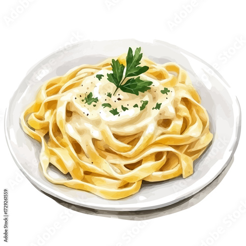 watercolor vector of Fettuccine Alfredo, isolated on a white background.