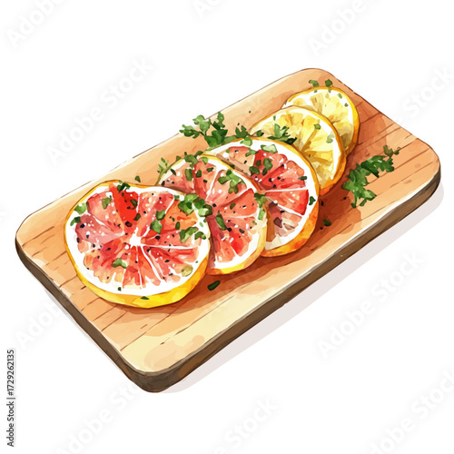 Flat Rectangular Wood Platter, watercolor illustration vector, isolated on a white background.