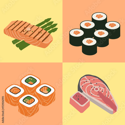 set illustration vector graphic of healthy food made from processed salmon