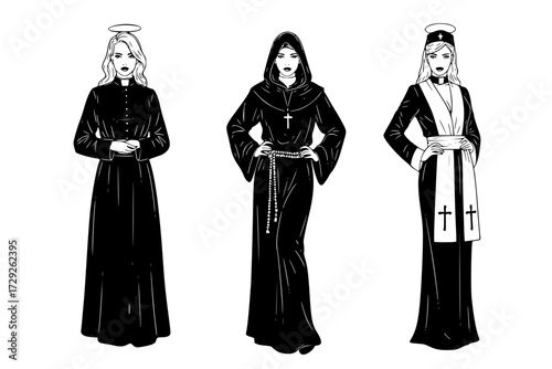 Robed Priest hot sexy woman Monk Padre Church Silhouette Vector Pack: Graphic Drawing for Stickers, Streetwear, T-Shirts, Logos, Print-on-Demand, Print, Branding.