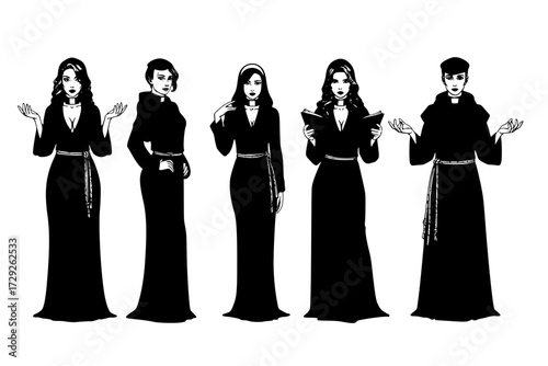 Robed Priest hot sexy woman Monk Padre Church Silhouette Vector Pack: Graphic Drawing for Stickers, Streetwear, T-Shirts, Logos, Print-on-Demand, Print, Branding.