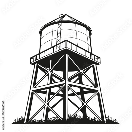 Detailed Black and White Illustration of a Water Tower A Classic Architectural Structure