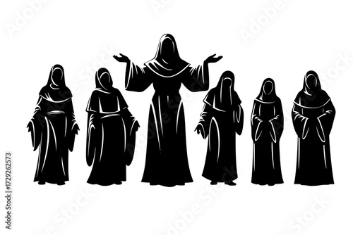 Robed Priest hot sexy woman Monk Padre Church Silhouette Vector Pack: Graphic Drawing for Stickers, Streetwear, T-Shirts, Logos, Print-on-Demand, Print, Branding.