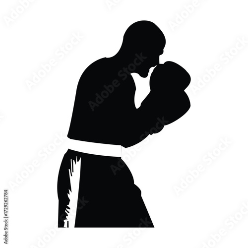 Minimalist illustration of boxing gloves with one hand raised near face in defensive pose in black line art