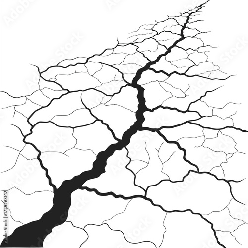 An abstract, stylized depiction of a black silhouette of a powerful fissure or crack extending into the distance, suggesting seismic activity or a fractured surface