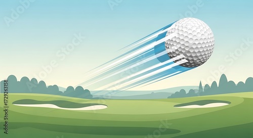 Powerful Golf Drive Over a Scenic Landscape Course.