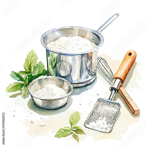 Flour Sifter And Mixing Tools, watercolor painting vector, isolated on a white background.
