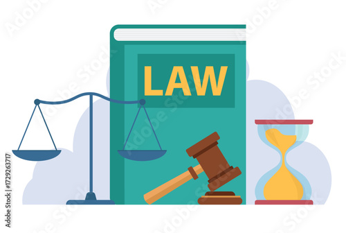 Law, justice system,  law book, scales of justice, gavel,hourglass.