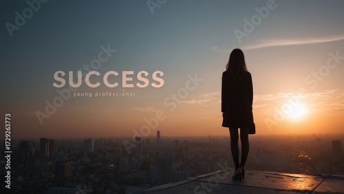 Empowered Female Leader on Rooftop Overlooking Futuristic City at Golden Hour